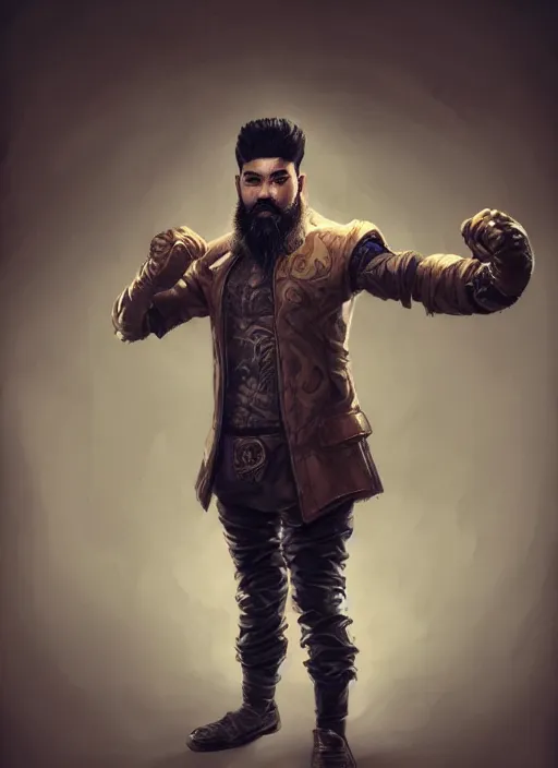 Image similar to a highly detailed illustration of bearded asian man wearing leather jacket with bandaged right hand, focused boxing philly shell stance pose, hands shielding face, intricate, elegant, highly detailed, centered, digital painting, artstation, concept art, smooth, sharp focus, league of legends concept art, WLOP