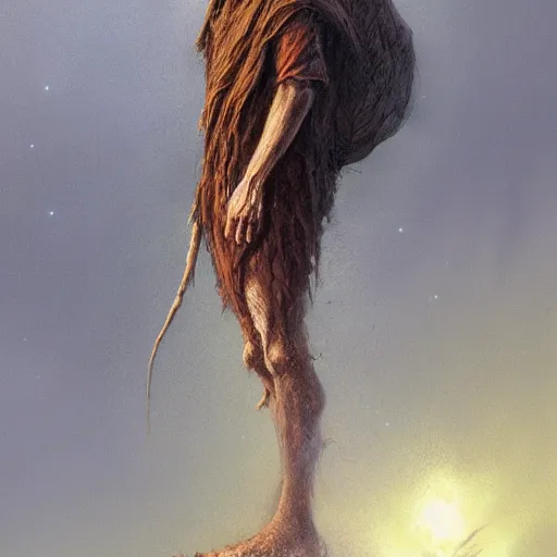 Prompt: frontal portrait painting in the style of artstation of a druid standing alone at the beginning of time by greg rutkowski and alan lee and brian froud