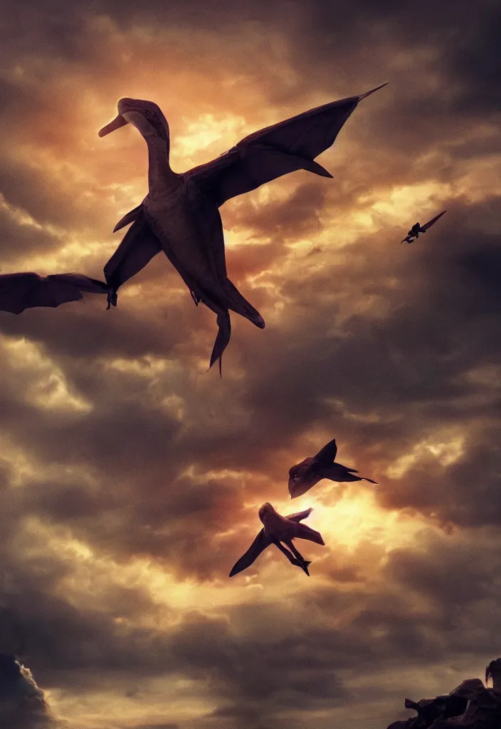 Image similar to a child looking at a pterodactyle flying in the sky in the style of a movie poster, realistic, super detailed, cinematographic, epic lighting