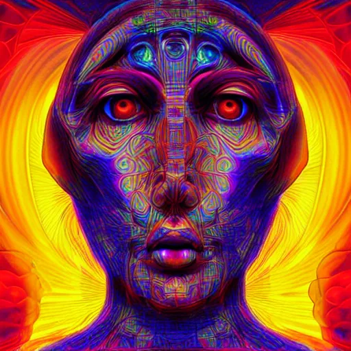 Image similar to face of god, dmt, shrooms, lsd, symmetry, impossible figure, colorful, highly detailed, grid, artstation hq, golden ratio