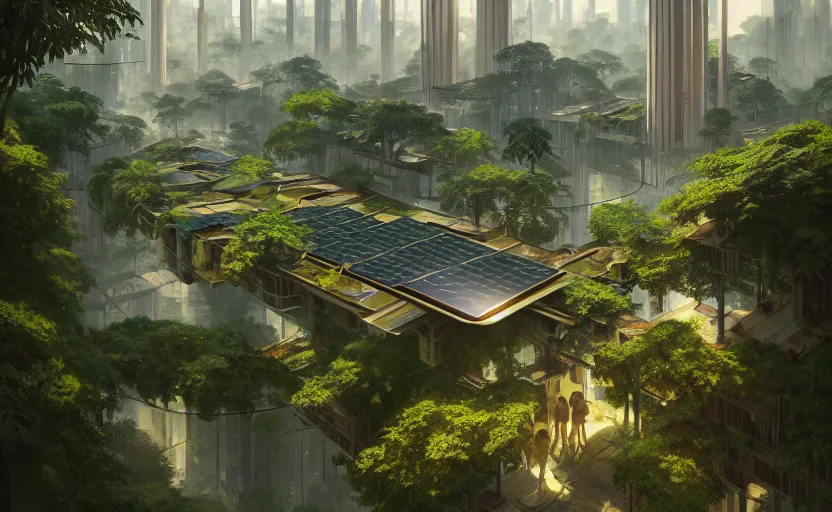 Image similar to solarpunk circular city with lush forest in the center, walkable pathways, rooftop gardens and solar panels, highly detailed, digital painting, artstation, concept art, smooth, sharp focus, illustration, art by wlop, mars ravelo and greg rutkowski