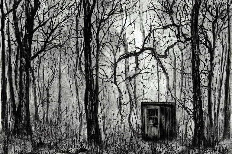 Image similar to mad horror painting of a cabine in the woods by ben templesmith