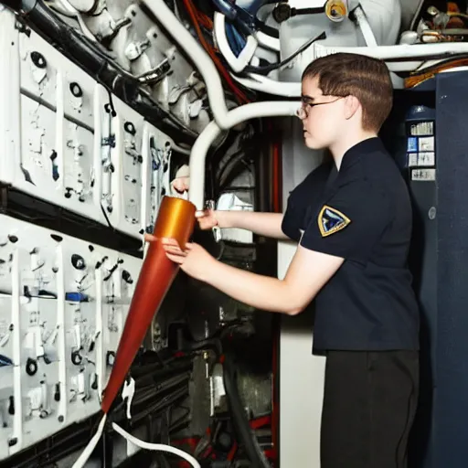 Prompt: young starfleet ensign working in the engine room