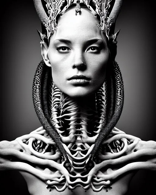 Image similar to a black and white high quality photo of a young beautiful female queen-dragon-cyborg bust with a very long neck and Mandelbrot fractal face, Mandelbrot fractal skin, flesh, anatomical, facial muscles, veins, arteries, elegant, highly detailed, flesh highly baroque ornate, hair are wired cables, elegant, high fashion, rim light, octane render, in the style of Diane Arbus, Realistic, Refined, Digital Art, Highly Detailed, Cinematic Lighting, rim light, black and white, photo-realistic, 8K