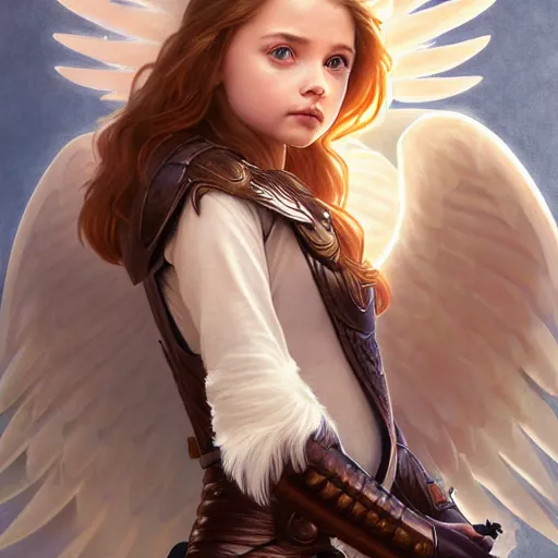 Prompt: portrait of young aasimar angel girl maiden wearing comfy leather armor with beautiful feathered angel wings, kawaii cute face, brown eyes, Mackenzie Foy, Chloe Moretz, by artgerm and greg rutkowski and alphonse mucha and andrei riabovitchev and Rossdraws and Bluesssatan and Mandy Jurgens and Stjepan Sejic, 4k oil on linen, vivid colors, colorful, photorealistic, high dynamic range, HDR, intricate, elegant, highly detailed, digital painting, artstation, concept art, smooth, sharp focus, illustration, mid-shot, medium shot, hyperdetailed