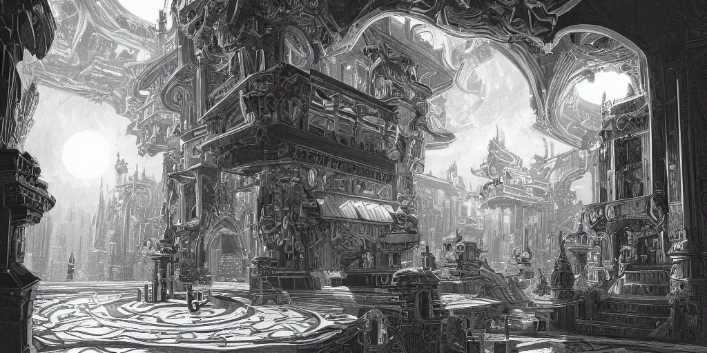 Prompt: Opalescent palace, by Tyler Edlin, Artstation, woodcut, pure black and white, extremely detailed