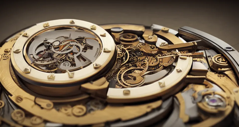 Prompt: complex 3 d render of a futuristic steampunk watch lying on a table, high detail, sharp focus, glowing interior components, intricate detail, depth of field, bokeh, cinematic lighting and composition, octane render, film grain, crisp clean geometric lines