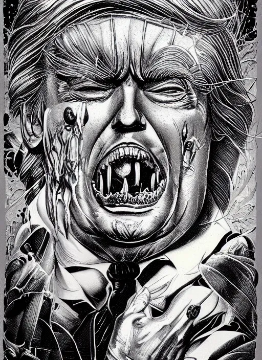 Prompt: donald trump's disgusting true form revealed, horror, high details, intricate details, by vincent di fate, artgerm julie bell beeple, 1980s, inking, vintage 80s print, screen print