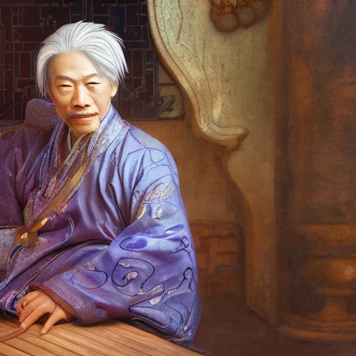 Image similar to portrait painting of a 6 0 year old handsome chinese taoist priest, like liangchao wei, silver hair, amiable by wenjun lin, irakli nadar, bright colors, octopath traveler, wenjun lin, unreal engine 5 highly rendered, global illumination, radiant light, detailed and intricate environment