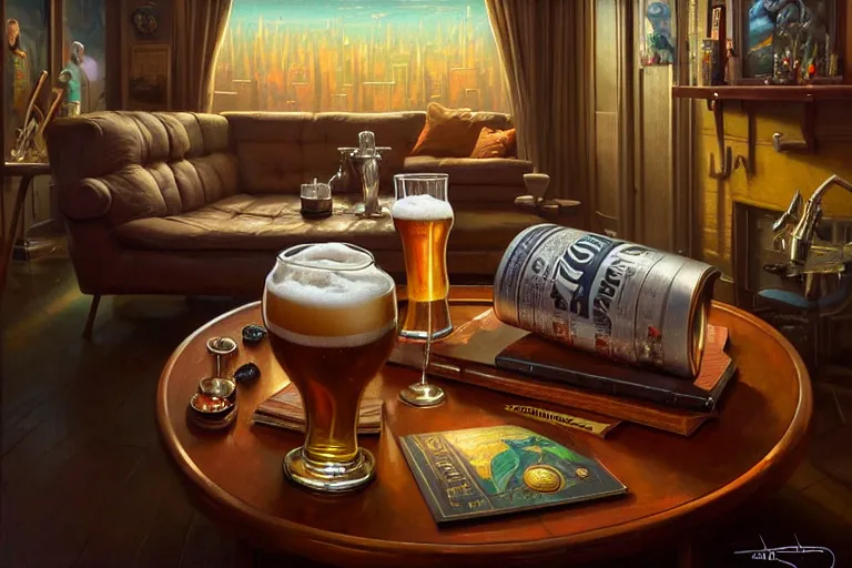 Image similar to detailed pint of beer on the coffee table in the the mid century modern livingroom. highly detailed, digital painting, artstation, concept art, smooth, sharp focus, illustration, artgerm, tomasz alen kopera, peter mohrbacher, donato giancola, joseph christian leyendecker, wlop, boris vallejo