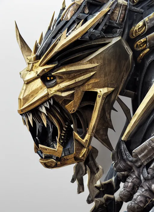 Prompt: hyper realistic glorious ancient wargreymon in a obsidian metal armor, futuristic design, designed by makoto kobayashi and luca zampriolo, portrait, cyberpunk style, wood and gold details, intricate, extremely detailed, ornate, deep of field, hard surface, exoskeleton, substance designer metal unreal engine, very detailed.