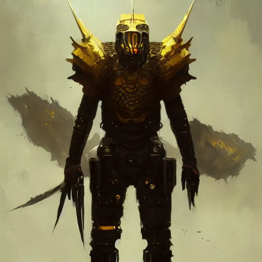 Image similar to anthropomorphic cyberpunk warrior stands tall wearing black and gold armor, oil painting, Tooth Wu, Greg Rutkowski, RPG, dynamic lighting, fantasy art, High contrast, depth of field, landscape, scenery