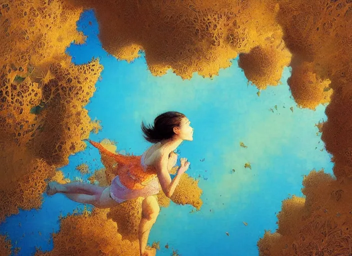 Prompt: aerial shot of a gorgeous inspiring girl jogging by the sea made of fluffy kittens in Mandelbrot fractal by Craig Mullins, ilya kuvshinov, krenz cushart, artgerm trending on artstation by Edward Hopper and Dan Mumford and WLOP and Rutkovsky, beksinski carl spitzweg moebius and tuomas kocar, intricate artwork by caravaggio, Unreal Engine 5, Lumen, Nanite