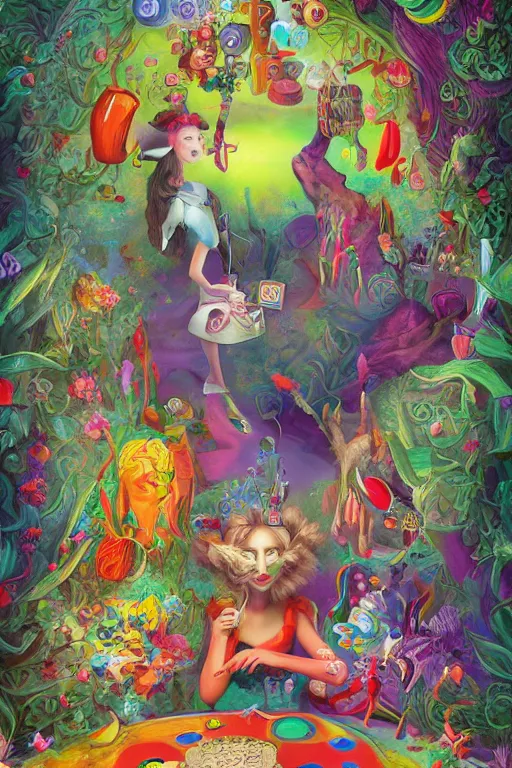 Image similar to Surrealist psychedelic award winning and iconic alice in wonderland book cover trending on artstation, artstationHD, artstationHQ, 4k, 8k