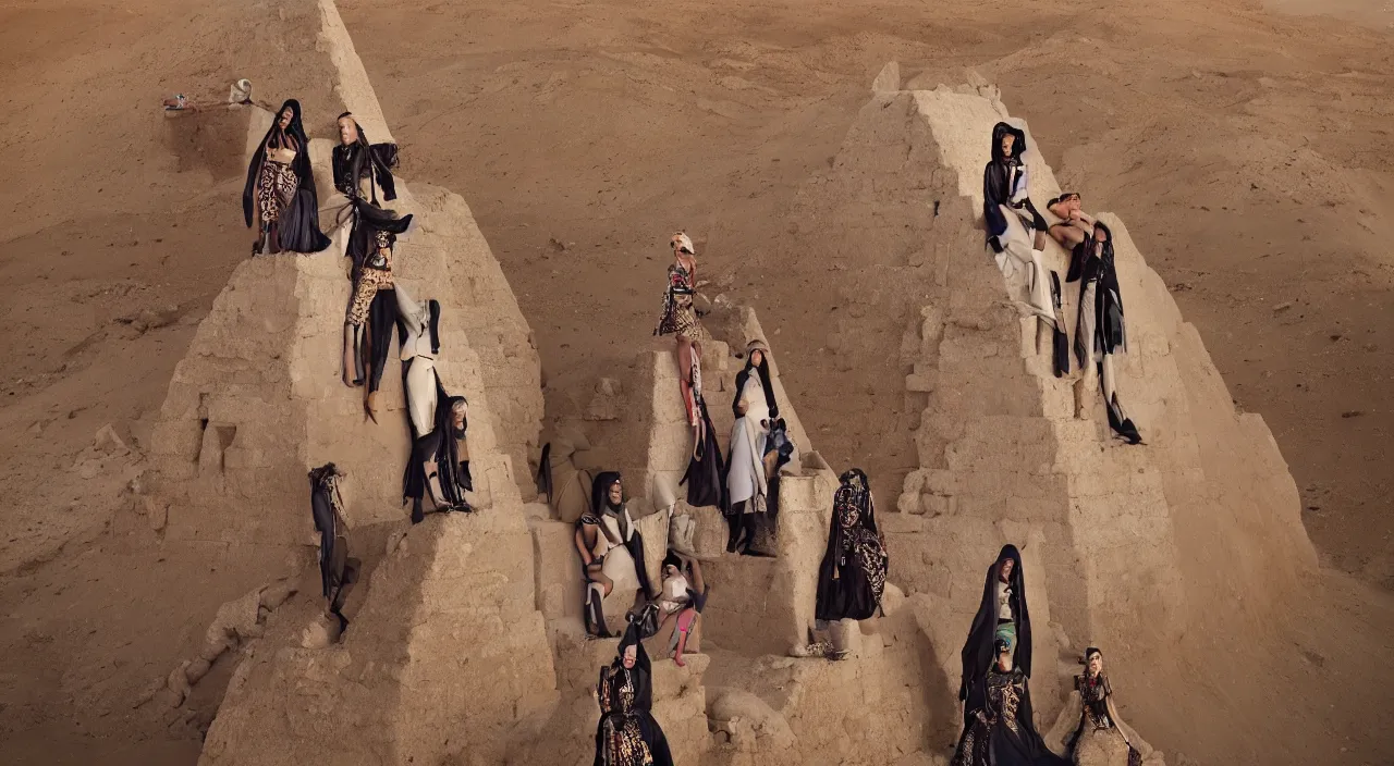 Prompt: fashion editorial portrait by jimmy nelson. on top of the pyramids. in egypt