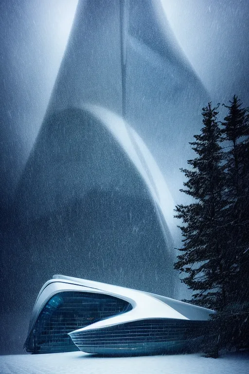 Prompt: a futuristic scene in front of a zaha hadid building in the forrest of the french alps mountains in the style of chris moore, stormy weather with lightning, neon lightning, cinematic matte painting, extreme detail 8 k photo quality, dark moody colors, snowfall, featured on behance