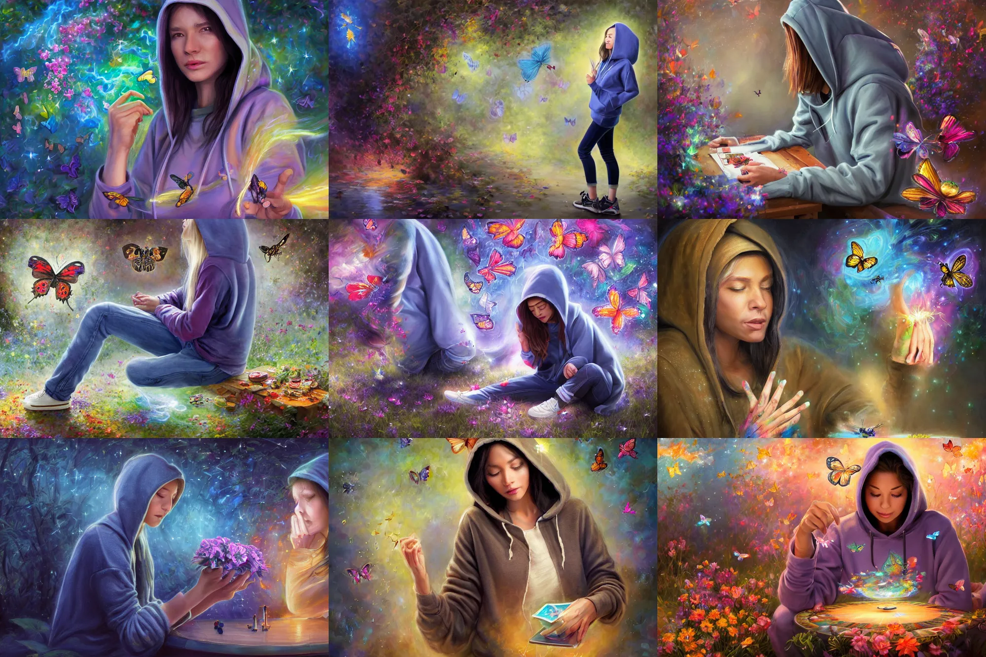 Prompt: distant full long wide view shot. card player woman in a hoodie, jean pants, sneakers, enchanting an illusory spell. butterflies, flowers, fireflies, spirits, digital painting, detailed, colorful aura, 8 k, trending on artstation, smooth, sharp focus artwork by mark arian, artgerm, mark keathley, greg rutkowski