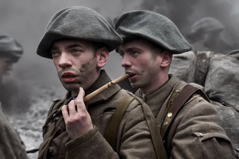 Image similar to jay baruchel smoking cigar, as world war 1 soldier in the trenches, cinematic lighting, high contrast, 4 k hdr imax cinematography by roger deakins, award winning shot, beautiful composition, principal photography, vfx action shot