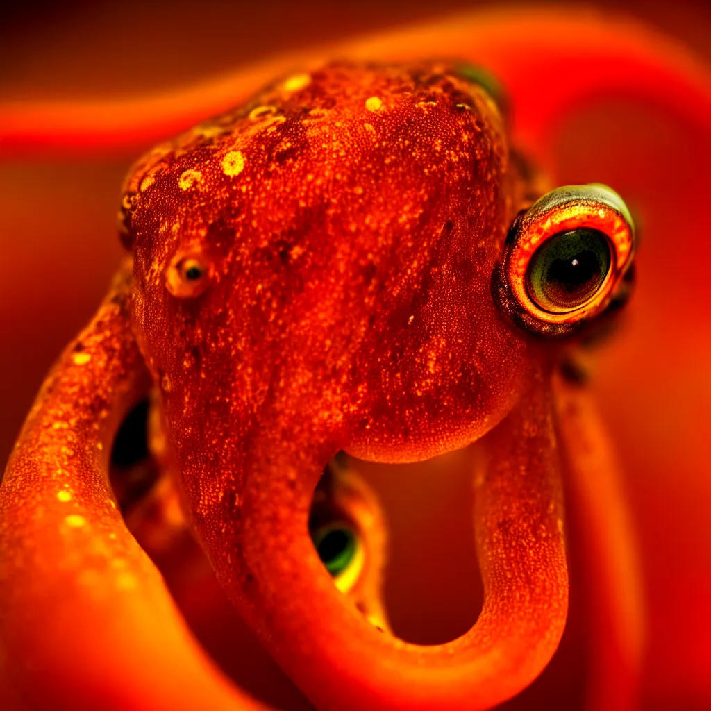 Image similar to fiery whimsical emotional eyes cephalopod, in a photorealistic macro photograph with shallow dof