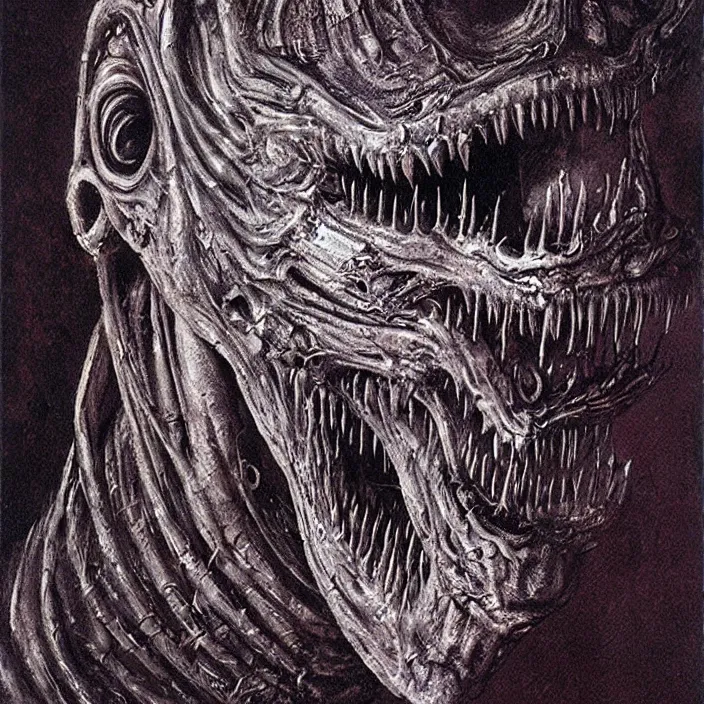 Image similar to space alien, slimy, glossy, sharp teeth, by h. r. giger, beksinski, nightmare fuel, nightmarish, intricate, highly detailed, optical illusion, stranger things demogorgon, volumetric lighting, flickering