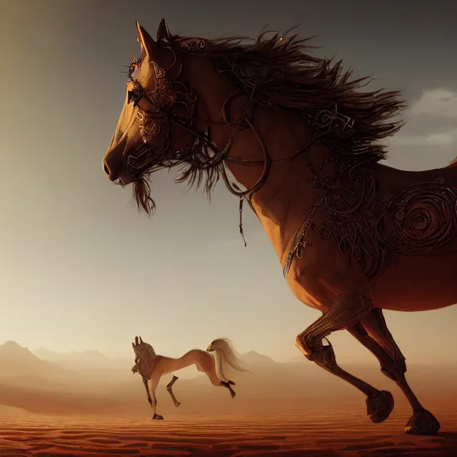 Image similar to arabian horse in the desert, environment, illustration, symmetrical, smoky, unreal engine, colors, epic scene, fantasy art by greg rutkowski,, golden raito, high quality, intricate details, details, intricate, atmosphere, highly detailed, matte painting, cinematic, deviantart, realistic, concept art, 4 k