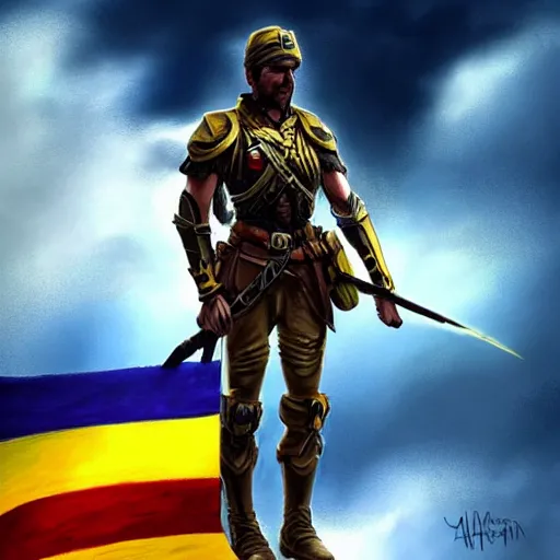 Image similar to a full body shot from distance of a great soldier with a yellow and blue flag standing in the beam of light from the clouds in a triumph after battle, western, masculine figure, D&D, fantasy, intricate, elegant, highly detailed, digital painting, artstation, concept art, matte, sharp focus, symmetrical, illustration, art by Artgerm and Greg Rutkowski and Alphonse Mucha