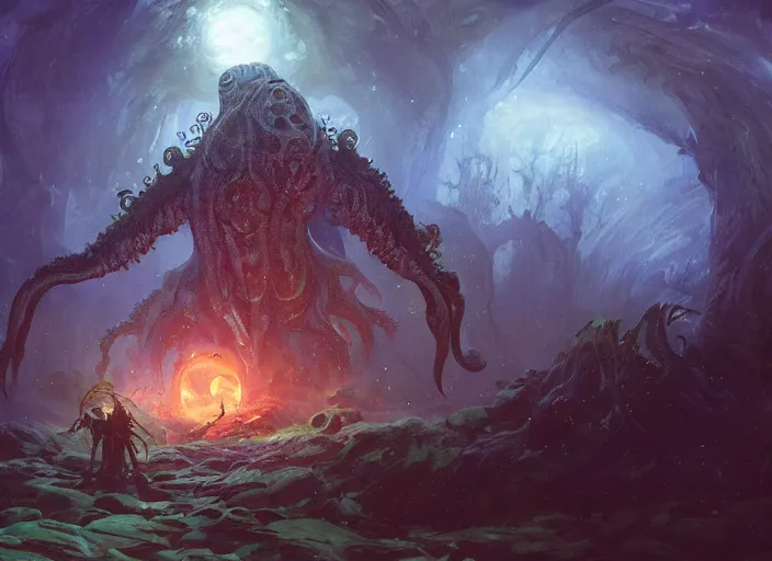 Image similar to my children bed with a giant cthulhu eyes in the night star forest by gaston bussiere, anna nikonova aka newmilky, greg rutkowski, yoji shinkawa, yoshitaka amano, donato giancola, geoffroy thoorens, trending on artstation, featured on pixiv, cinematic composition