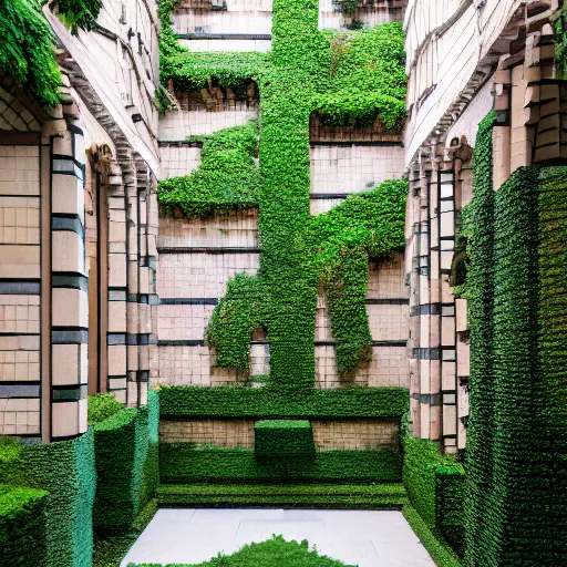 Image similar to courtyard complex of a labyrinthine monastary made of iteratively stacked voxel bricks, fusion of carlo scarpa and louis kahn, moss and ivy growing on the bricks, architectural photography