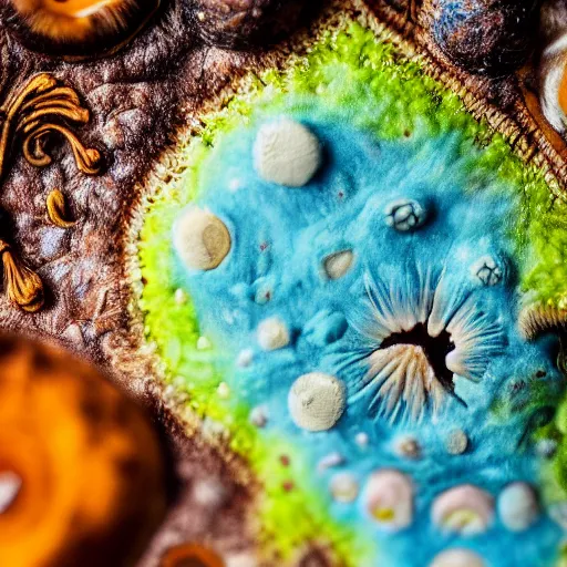 Image similar to macro photo with a fantasy Microfungi character with cute eyes and mycelium, painted patterns and coloring on mushrooms, 8K, highly detailed