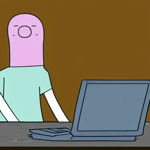 Prompt: a very animated tired person with bloodshot eyes and tongue out staring at the computer with growing desperation, adventure time animation style
