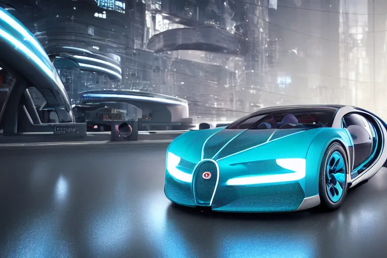 Image similar to Futuristic luxury car concept, Bugatti Chiron combined with Rolls Royce Phantom, angular and sharp industrial design, inspired by Cyberpunk 2077 Rayfield, driving across dystopian cyberpunk landscape, futuristic car concept, concept car design, digital illustration, telephoto lens, low shot camera angle, cinematic lighting, Octane render, VRay, 3D rendering, automobile design, Unreal Engine 5