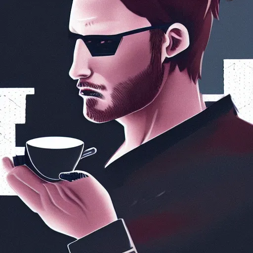 Image similar to handsome startup CEO having a cup of coffee. sci-fi cyberpunk!!!!!!!! concept art