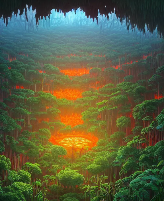 Image similar to simplicity, an simple structure made out of exotic fungus, overgrown with lush floral jungle, partly cloudy, hellscape, hell, fire, brimstone, lava, by dan mumford, yusuke murata, makoto shinkai, ross tran, cinematic, unreal engine, cel shaded, featured on artstation, pixiv