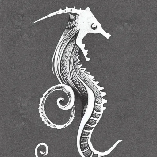Image similar to a seahorse and a squid. black ink on paper tattoo design