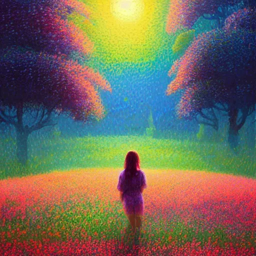 Image similar to girl becoming flower, standing in a flower field, big trees, sunrise dramatic light, impressionist painting, colorful clouds, digital painting, pointillism, artstation, simon stalenhag