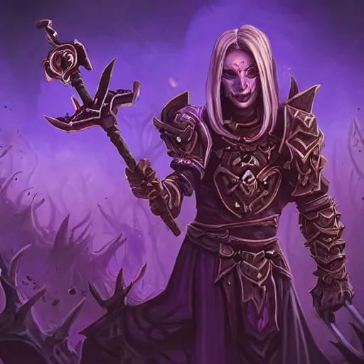 Image similar to a necromancer holding a bone staff, an army of undead rising from the ground in the background, violet theme, hearthstone art style, epic fantasy style art, fantasy epic digital art, epic fantasy card game art