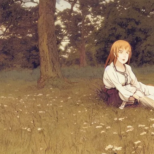 Prompt: a girl sitting in a meadow, art by walter langley, anime wallpaper, pixiv, walter langley style