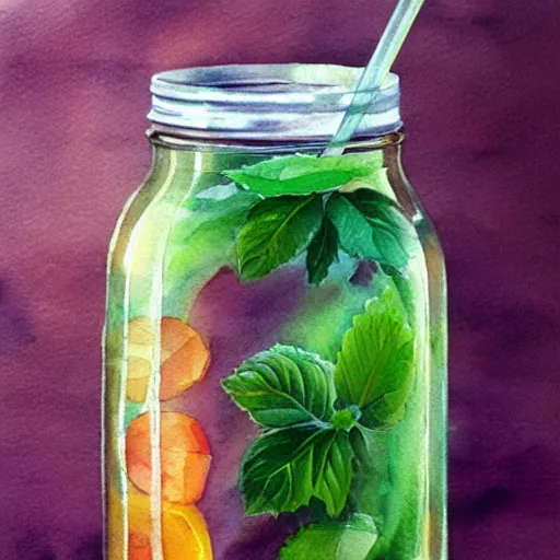 Image similar to Ice Tea in a mason jar, Watercolor, photorealistic, high resolution, award winning, trending on artstation, art by artgerm