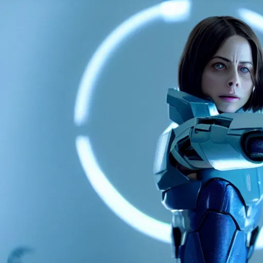 Image similar to film still of !!Willa Holland!! as !!!!!pale blue-skinned!!!!! Cortana, as in Halo 4, in a new Halo movie, 4k