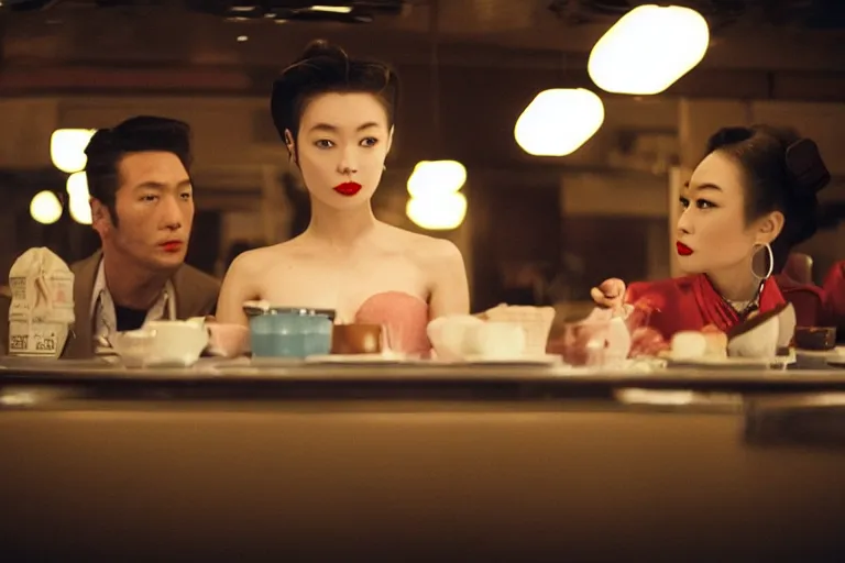 Image similar to movie interior closeup beautiful Japanese models couple closeup sitting and at 50s diner, night in the city, beautiful skin, by Emmanuel Lubezki