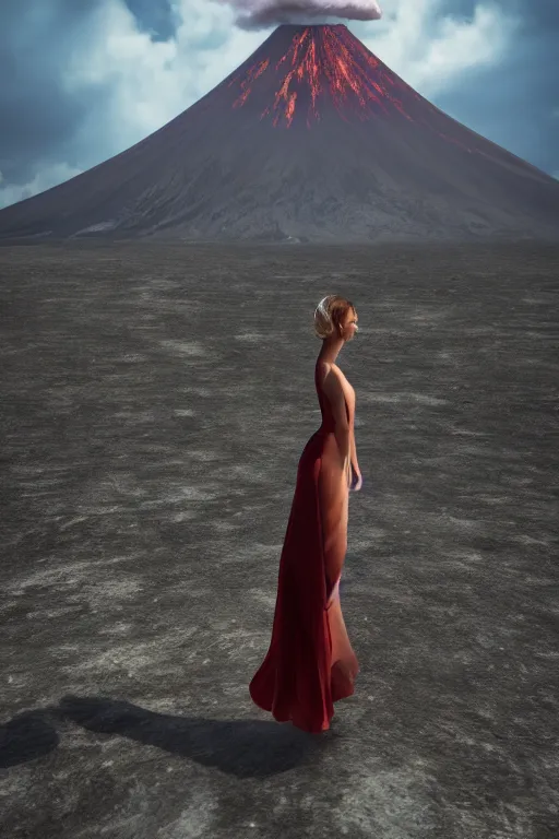 Image similar to a girl in a magnificent dress stands near a volcano, afar, fullbody, in full growth, photorealistic, high resolution, trending on artstation, highly detailed, volumetric lighting, 35mm