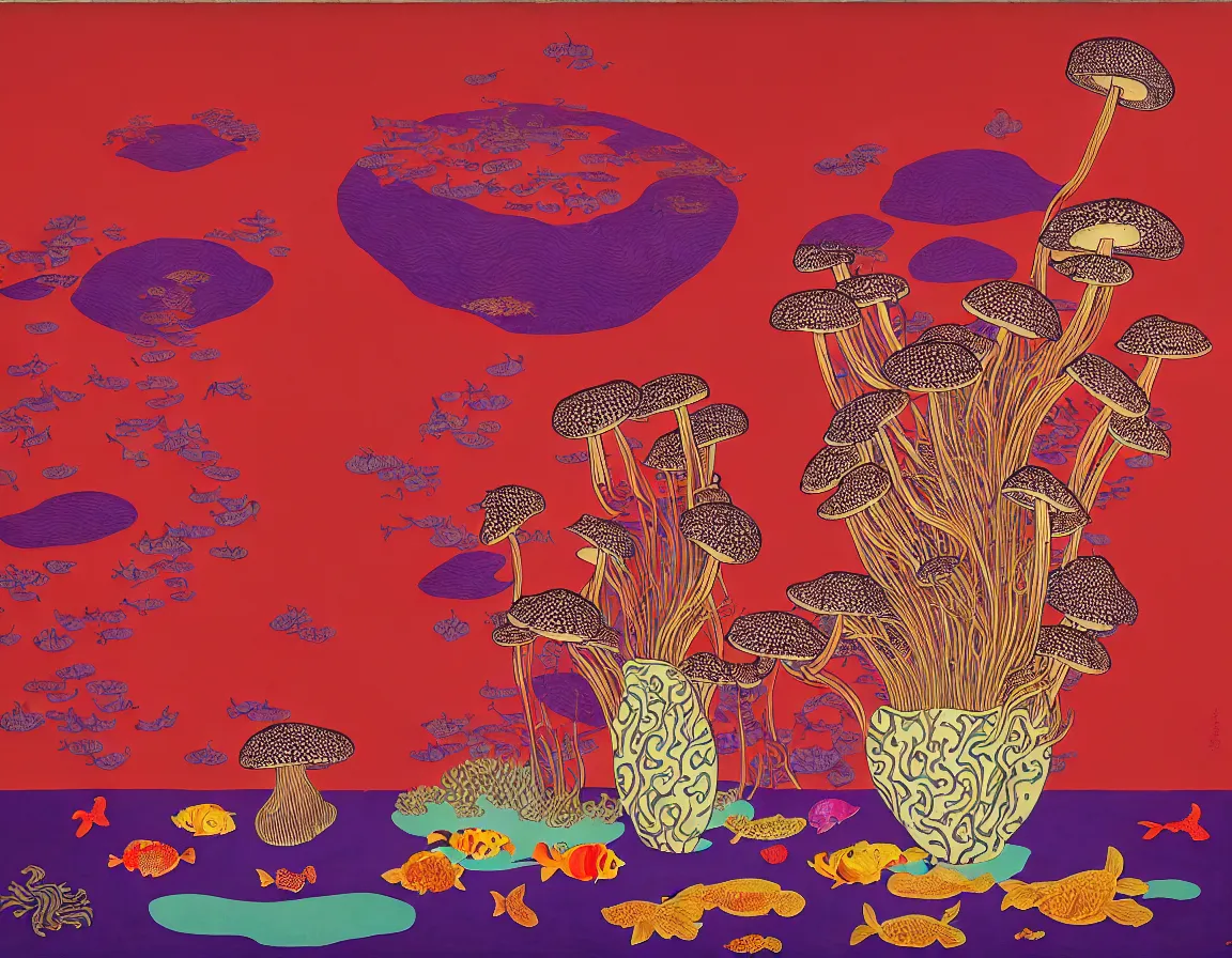 Prompt: vase of mushroom in a red sky and under the sea decorated with a dense field of stylized scrolls that have opaque purple outlines, with koi fishes, ambrosius benson, kerry james marshall, afrofuturism, oil on canvas, hyperrealism, light color, no hard shadow, around the edges there are no objects