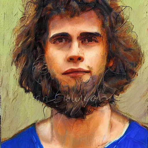 Image similar to a head - on portrait of a 2 0 - something engineering student, brown messy hair, by laurie greasly