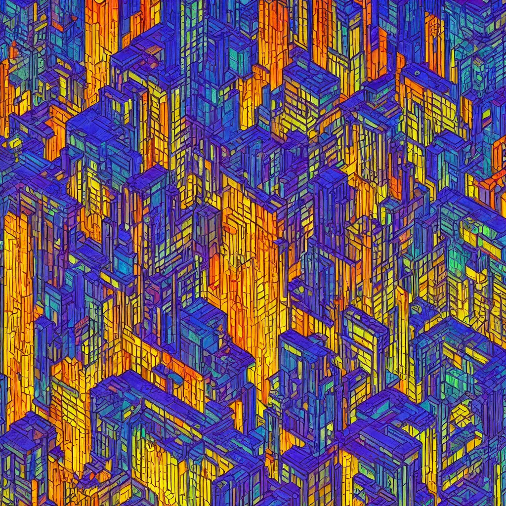 Image similar to isometric artdeco cyberpunk neon cathedral at night by frank lloyd wright, isometric, painted by piet mondrian