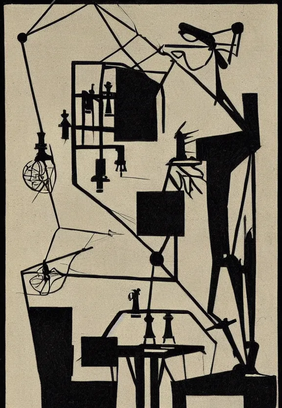 Image similar to a concept drawing of marcel duchamp holding up a chess - piece wire - machine, a surrealist painting by marcel duchamp, complex artificial - intelligence machinery, minimal sketch flow - chart, academic art, 1 9 2 0 s