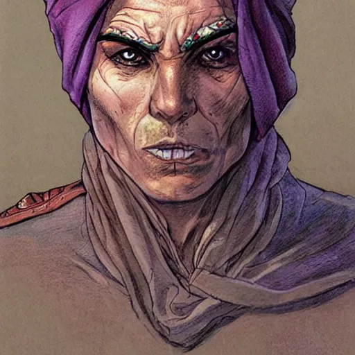 Image similar to Kethlan the elven desert bandit. Robes and turban. Realistic portrait by james gurney and mœbius.