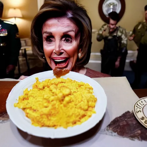 Image similar to a photograph of nancy pelosi wearing an army uniform while eating a large plate filled with scrambled eggs