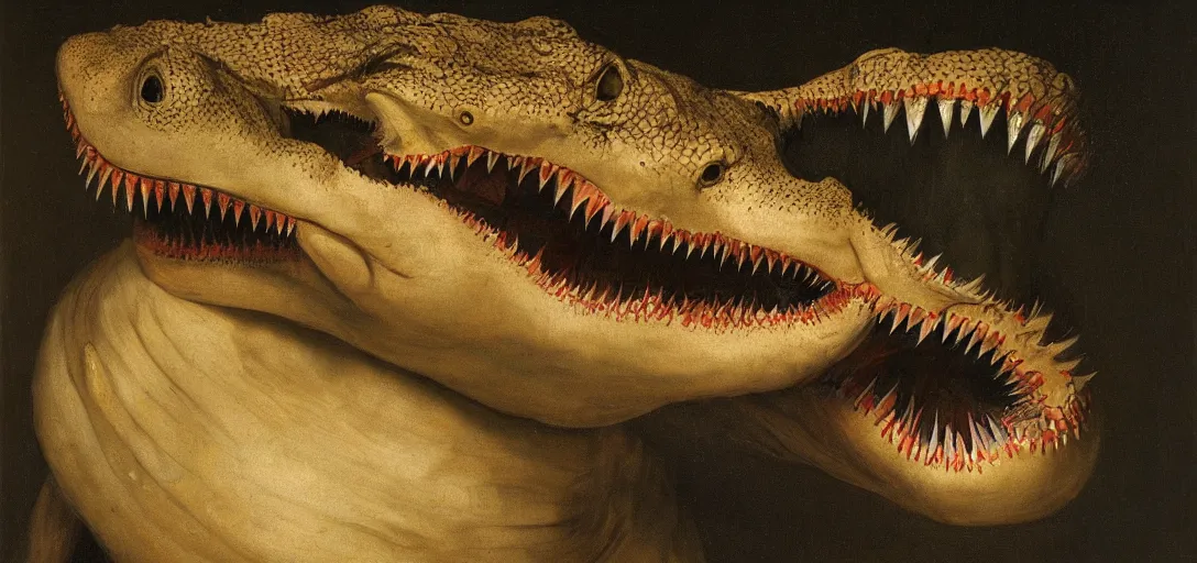 Prompt: half shark alligator half man, dutch style painting, detailed, high resolution, 4 k, fine art, oil on canvas by rembrandt van rijn