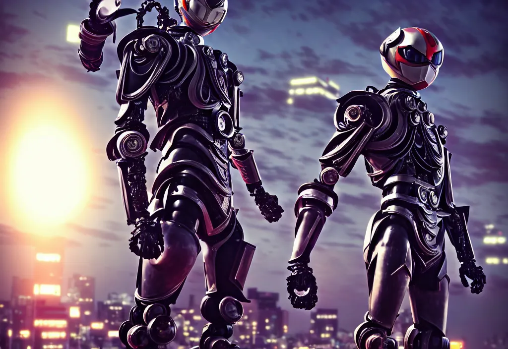 Image similar to mech belted kamen rider hero action pose, human structure concept art, human anatomy, full body hero, intricate detail, hyperrealistic art and illustration by a. k. a limha lekan a. k. a maxx soul and alexandre ferra, global illumination, blurry and sharp focus, on future tokyo night rooftop, frostbite engine