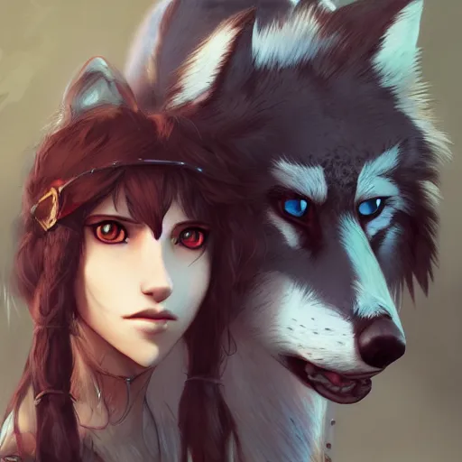 Image similar to Princess Mononoke and Moro the wolf, portrait by loish and WLOP, octane render, dark fantasy, trending on ArtStation